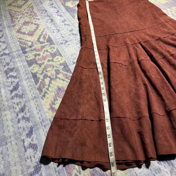 Vintage Leather Tiered Brown Flare Maxi Skirt Women's Size 8 - Picture 5 of 12